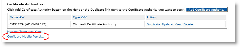 Certificate Authorities panel of Repositories Management page with Configure Mobile Portal link circled in red